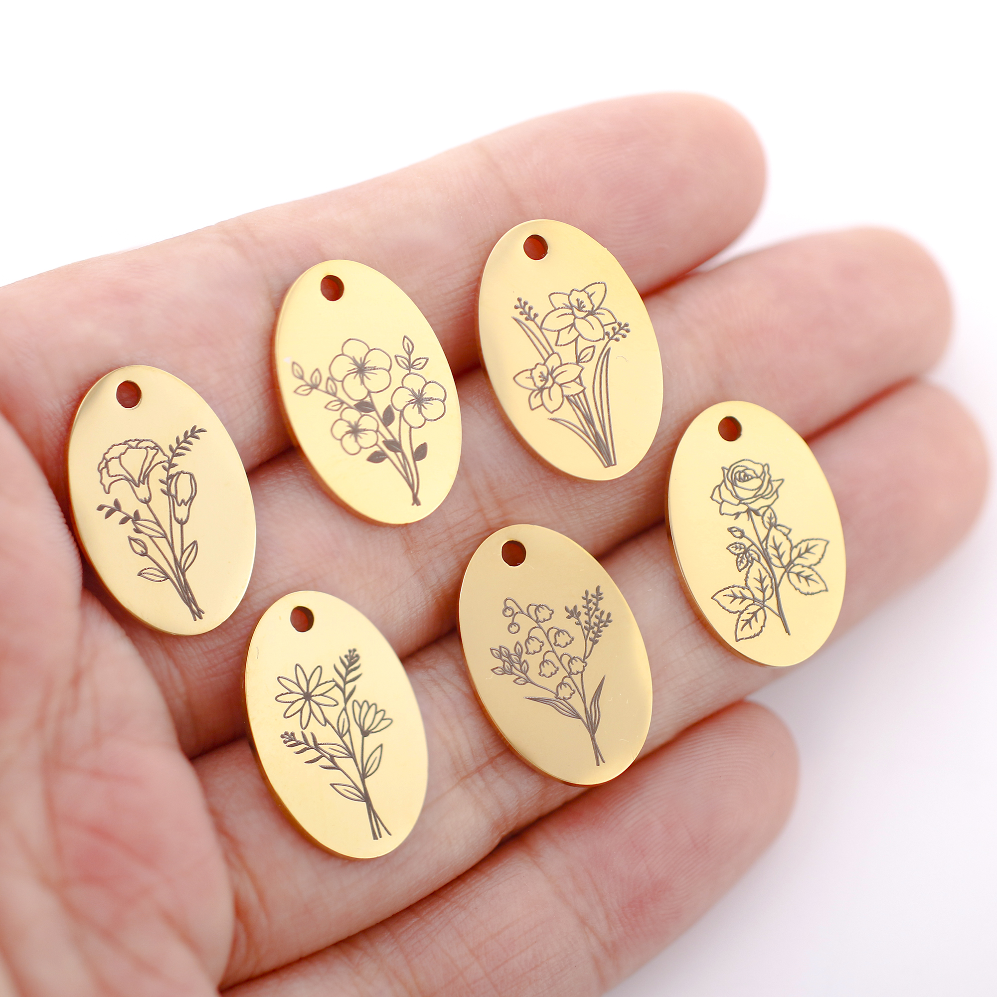 Birth Flower Necklace - 5 Stuks Ovale Geboorte Maand Bloem