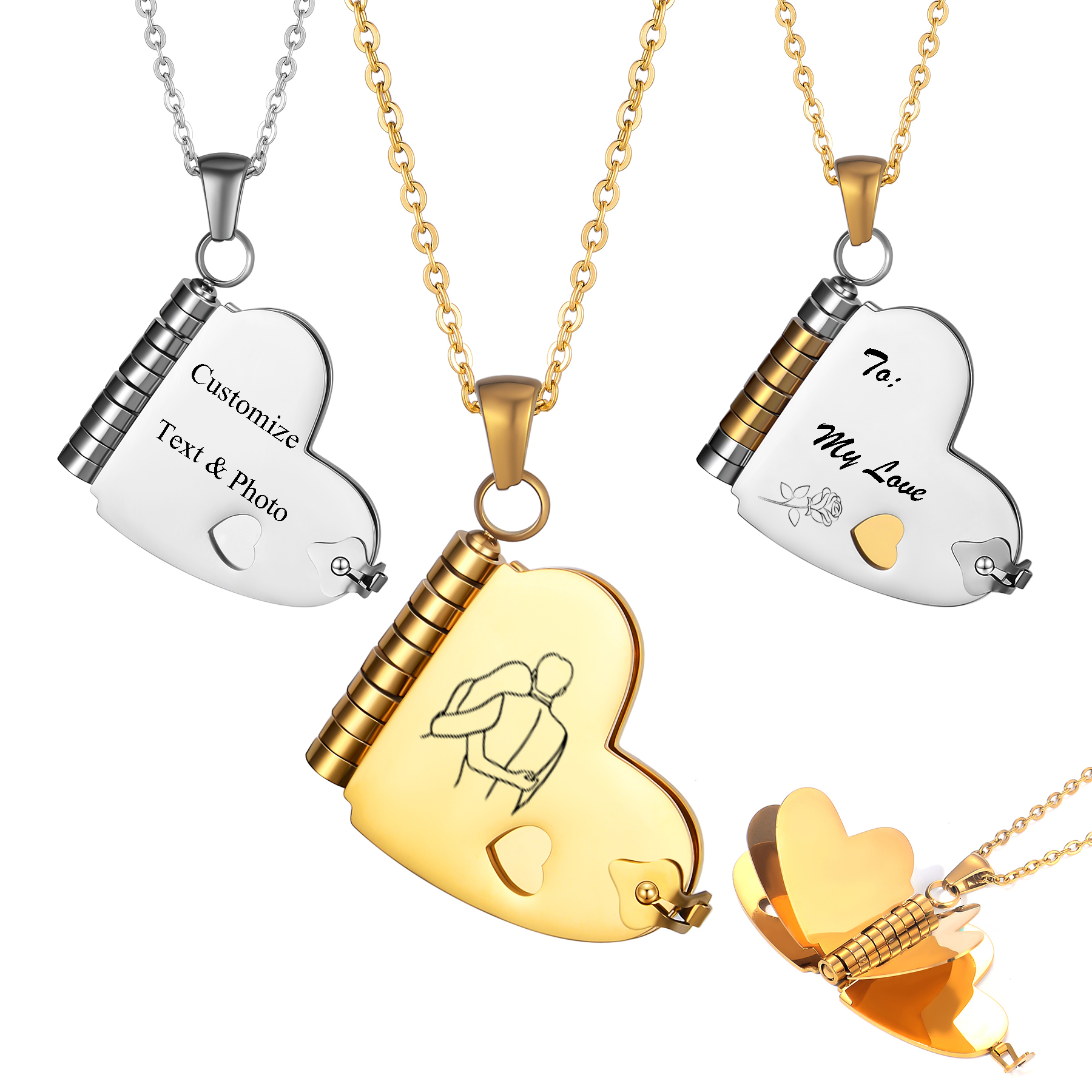 Custom Photo Book - Gepersonaliseerde roestvrijstalen hartboek hanger ketting aangepaste