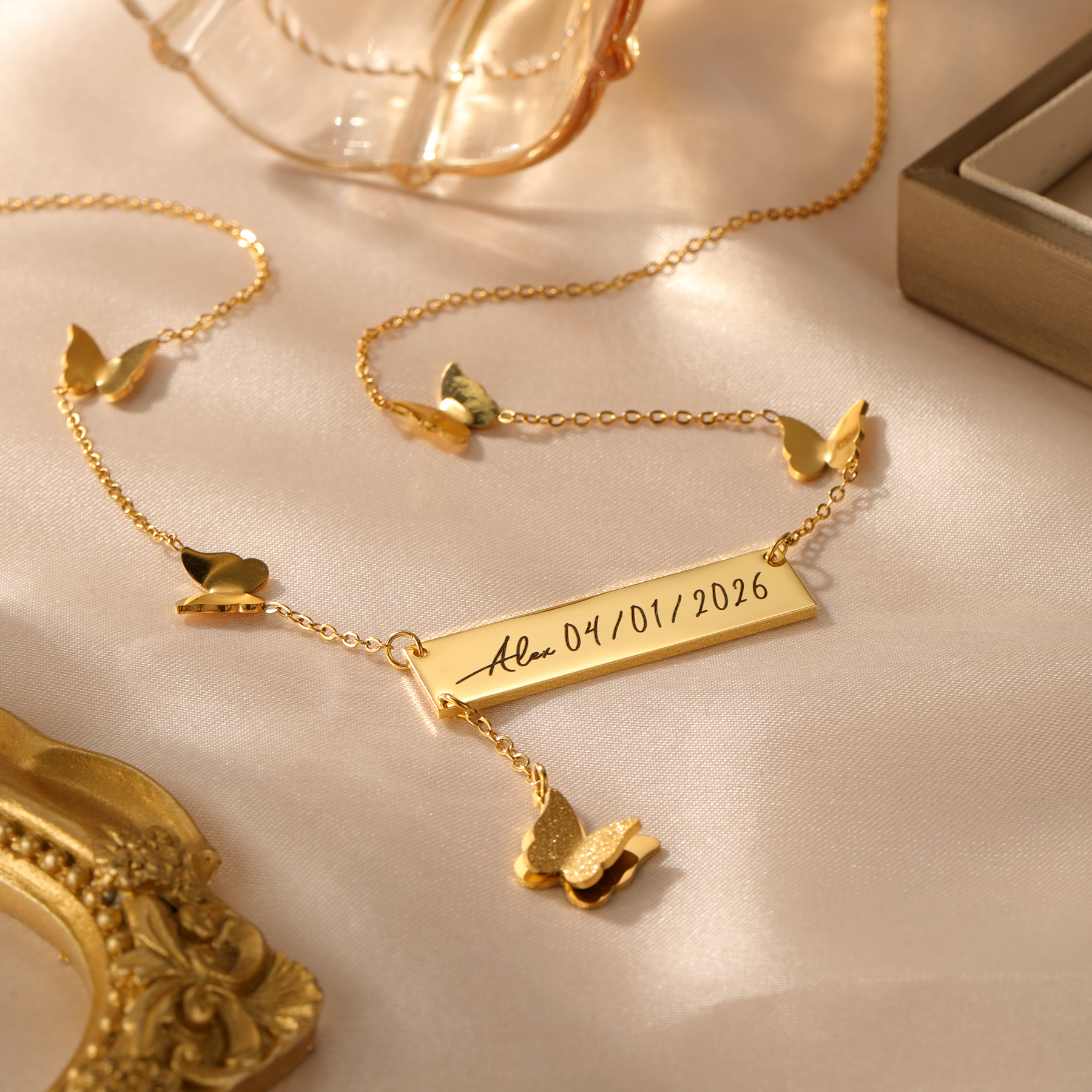 Handwriting Necklace Bar - Gepersonaliseerde vlinder naamketting met handgeschreven datum,