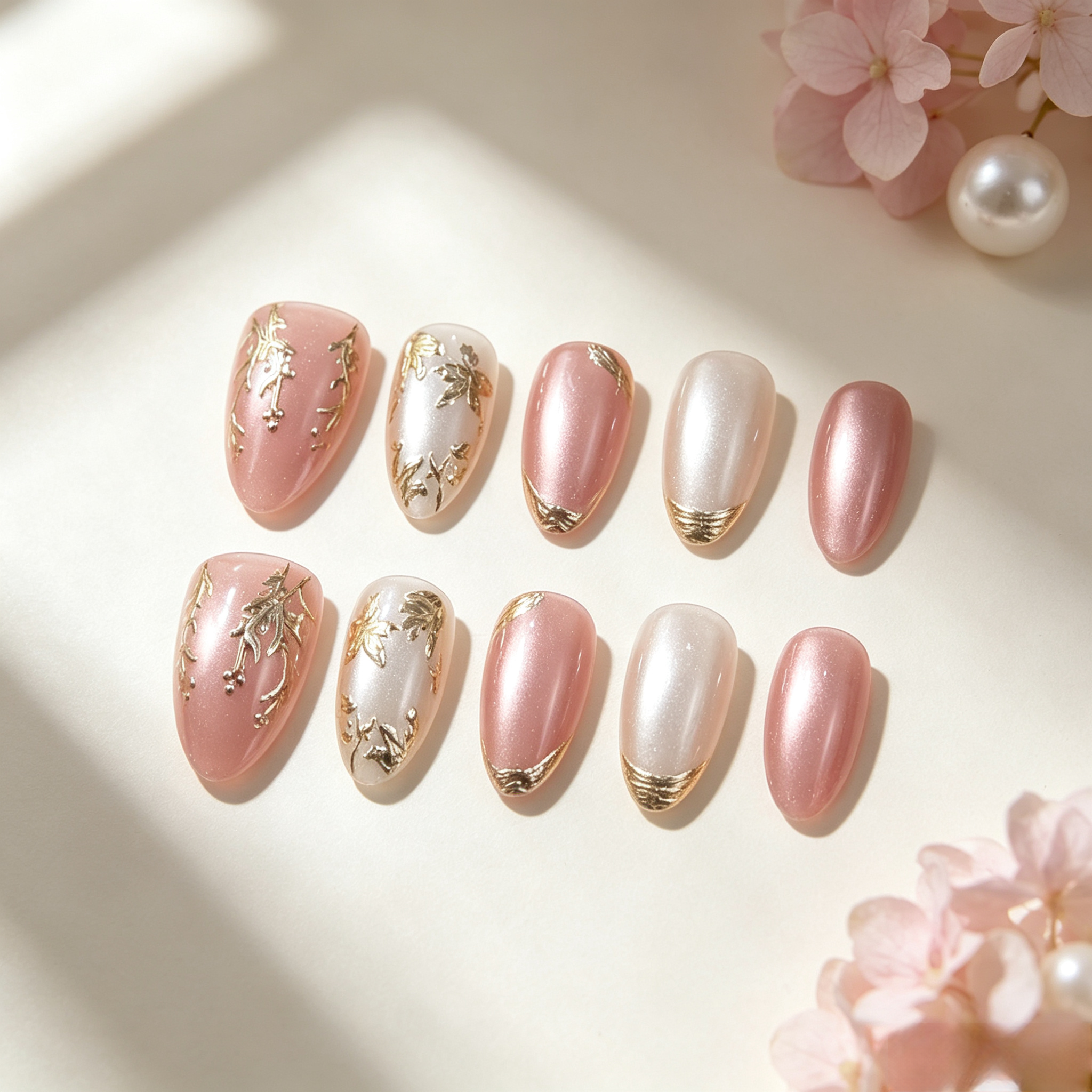 Pressed Flower Art - 10 stuks medium amandelvormige handgemaakte opzetnagels