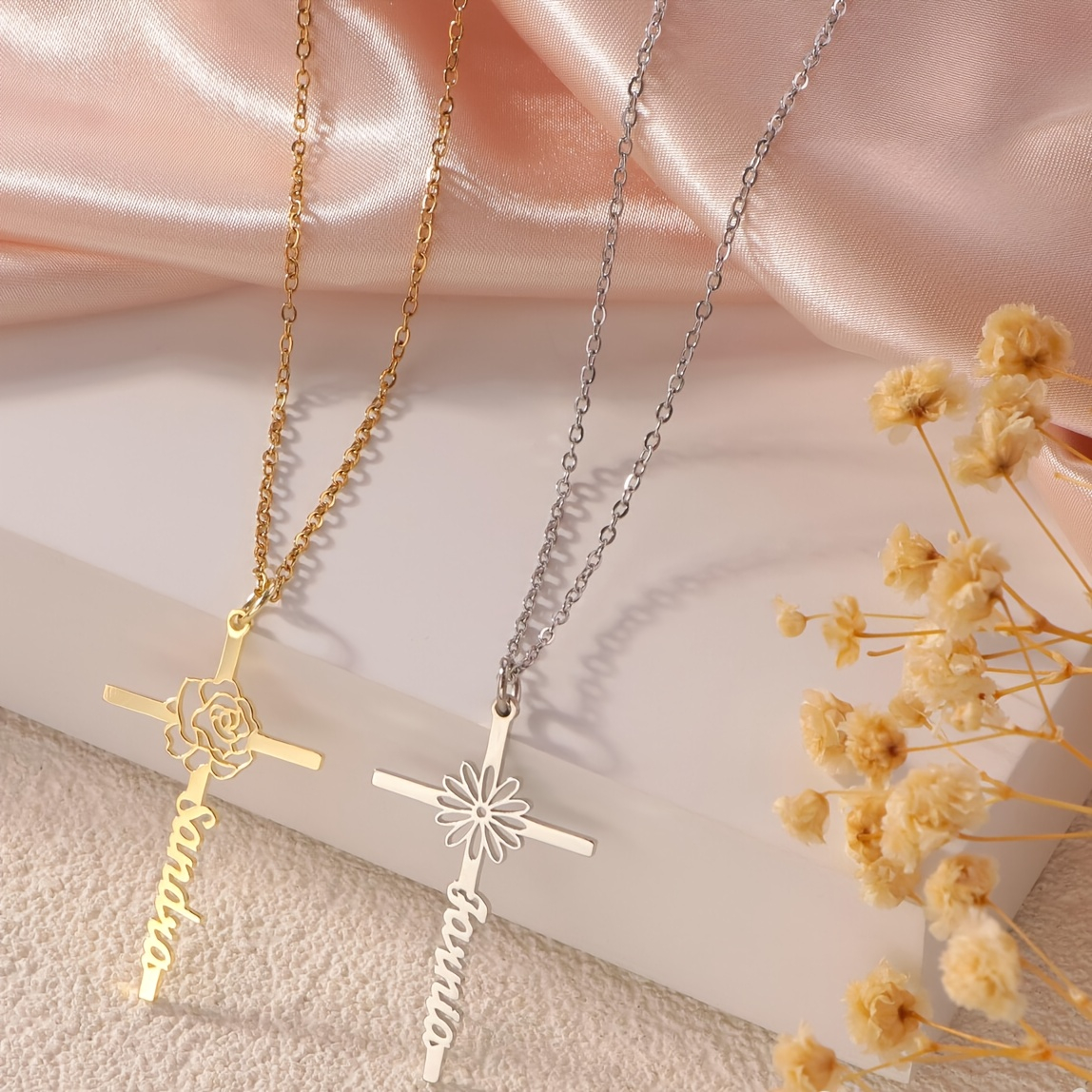 Birth Flower Necklace - Geperonaliseerde geboortebloem kruis naam ketting, gepersonaliseerd