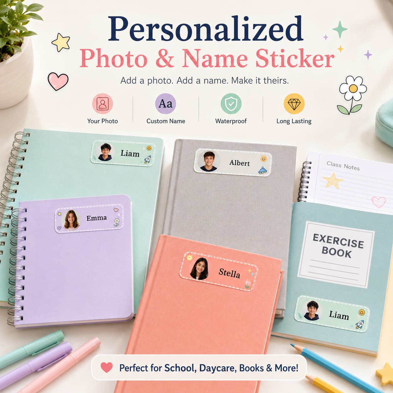 Custom Photo Book - Op maat gemaakte fotonaamstickers, gepersonaliseerde studentenetiketten,