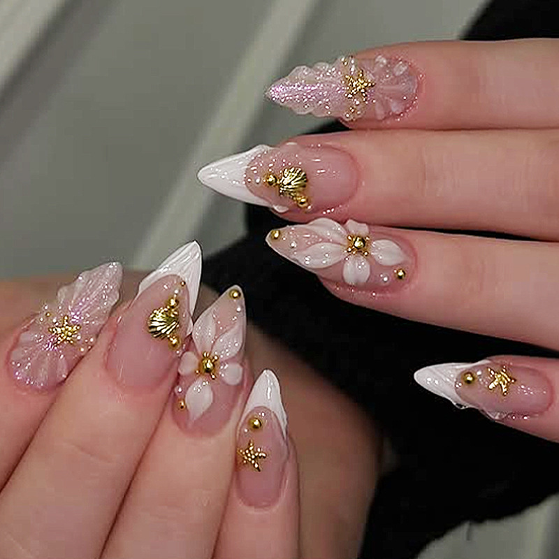 Pressed Flower Art - 24 stuks afgewerkte amandelvormige opzetnagels, herbruikbaar,