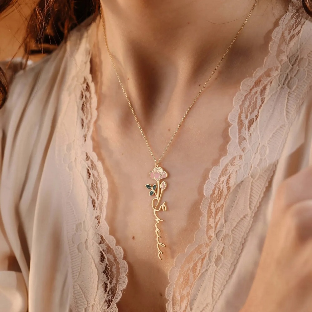 Birth Flower Necklace - Gepersonaliseerde naam ketting met geboorte bloem
