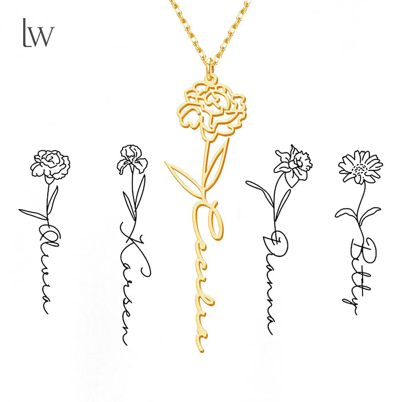 Birth Flower Necklace - Gepersonaliseerde geboorte bloem naam ketting aangepaste