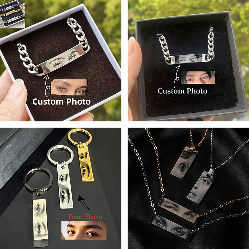 Initial Ring Custom - Gepersonaliseerde aanpasbare gegraveerde oogfoto sleutelhanger roestvrij