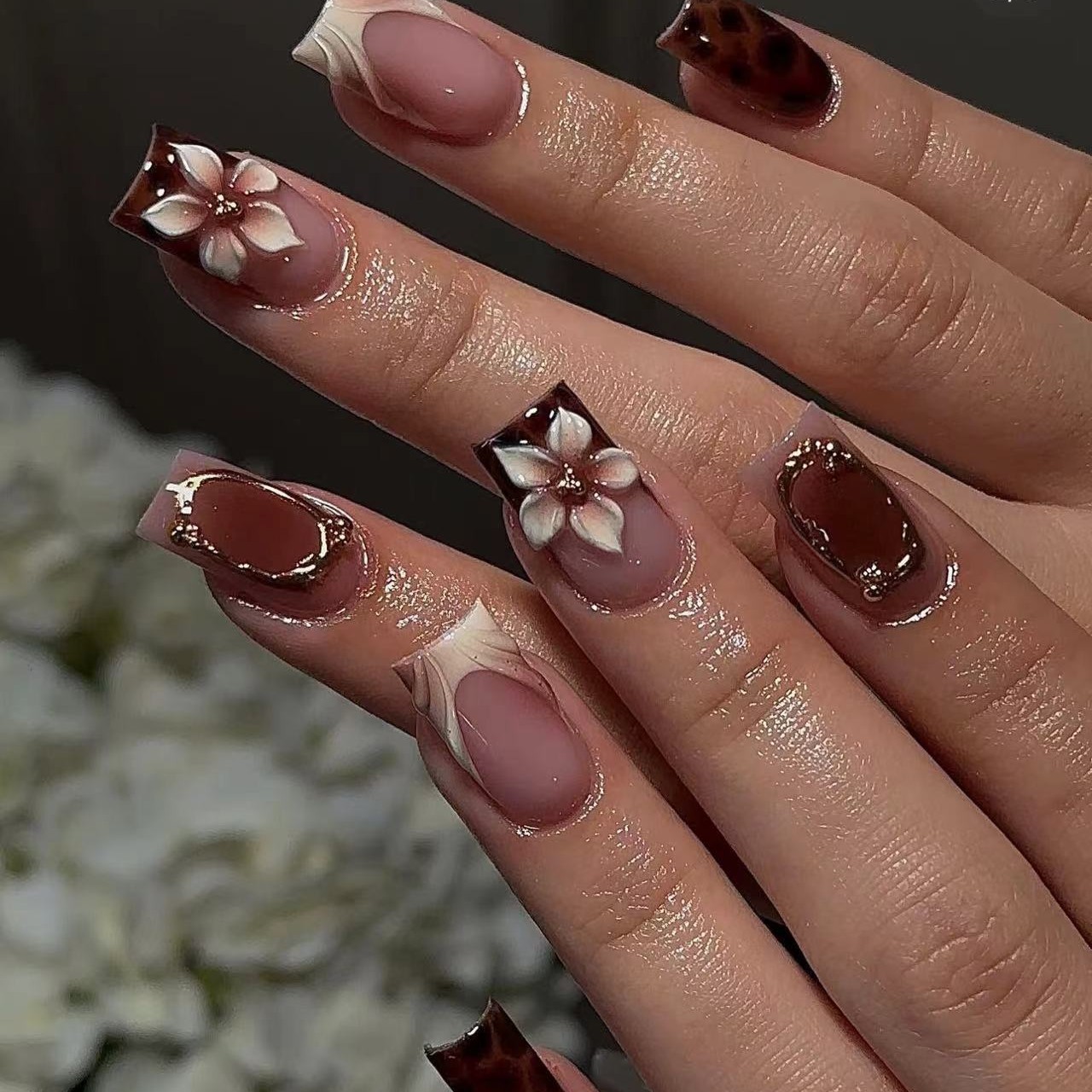 Pressed Flower Art - Korte vierkante nepnagels voor dames, meisjesmode,