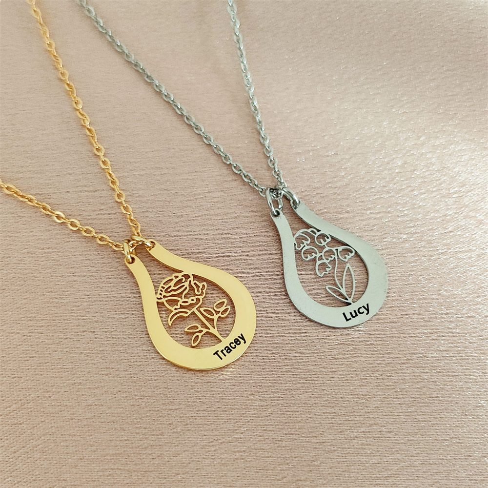 Birth Flower Necklace - Gegraveerde naam geboorte bloem ketting aangepaste