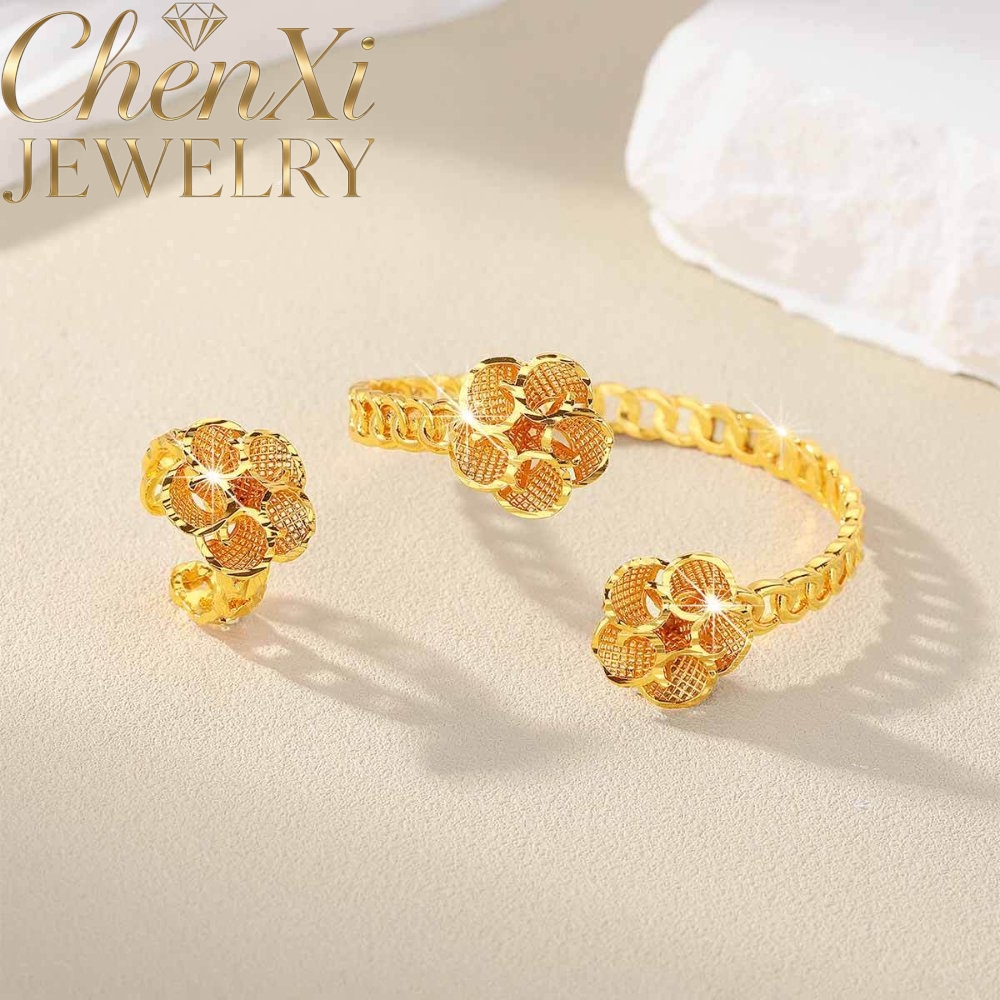 Coordinates Bracelet - Zandgouden bloemmotief open armband en ringset,