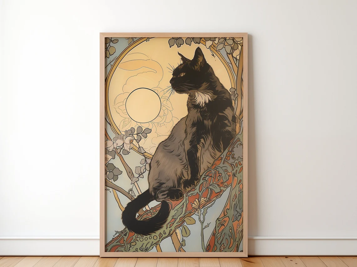 Family Tree Print - Zwarte kat loopt op een boomtak,